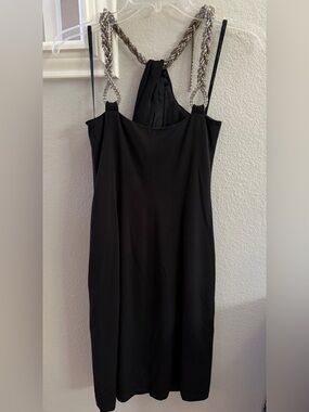 David Meister Black Strapless Evening Dress with Silver Chain Straps
